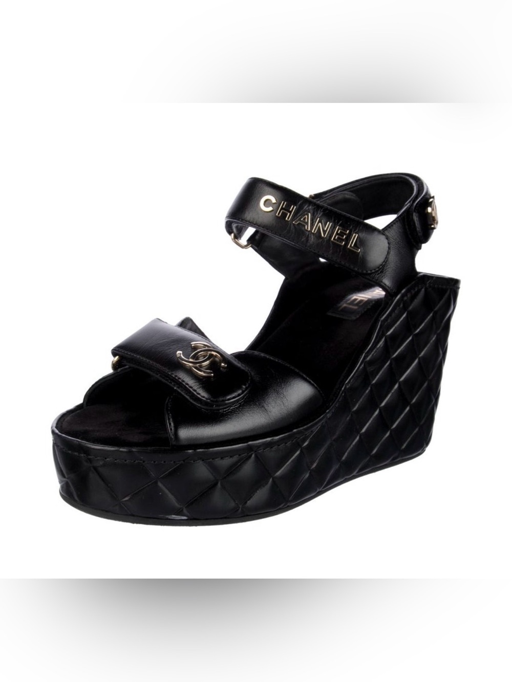 CHANEL Black Quilted Leather Wedge 2021 Interlocking CC Collection 39 COA